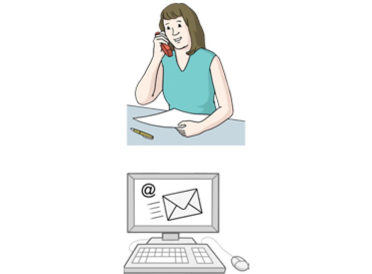Bild 1: Frau die telefoniert. Bild 2:Computerbildschirm mit E-Mail Symbol
