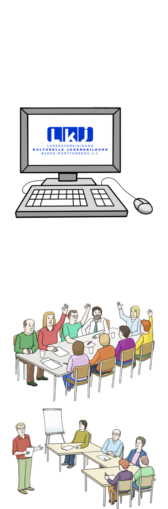 Illustration Computer mit LKJ Logo auf dem Display (oben) und zwei Tische mit Personengruppen, die entweder die Hand heben oder zuhören (unten)