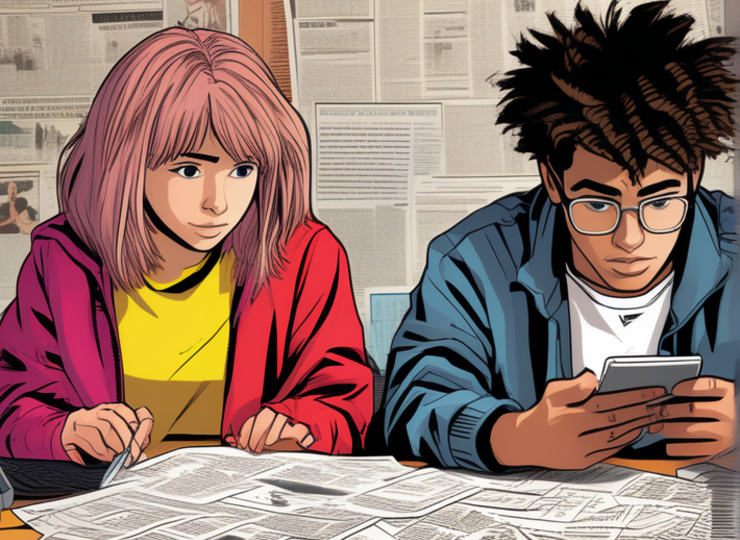 Ein von KI generiertes Bild voneinem Mädchen mit rosanen Haarenund einem Jungen mit braunen Haaren und Brille, die ein Rätsel lösen