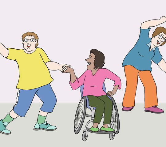 Kinder, die tanzen und alle inkludieren, zum Beispiel auch ein dunkelhäutiges Mädchen im Rollstuhl